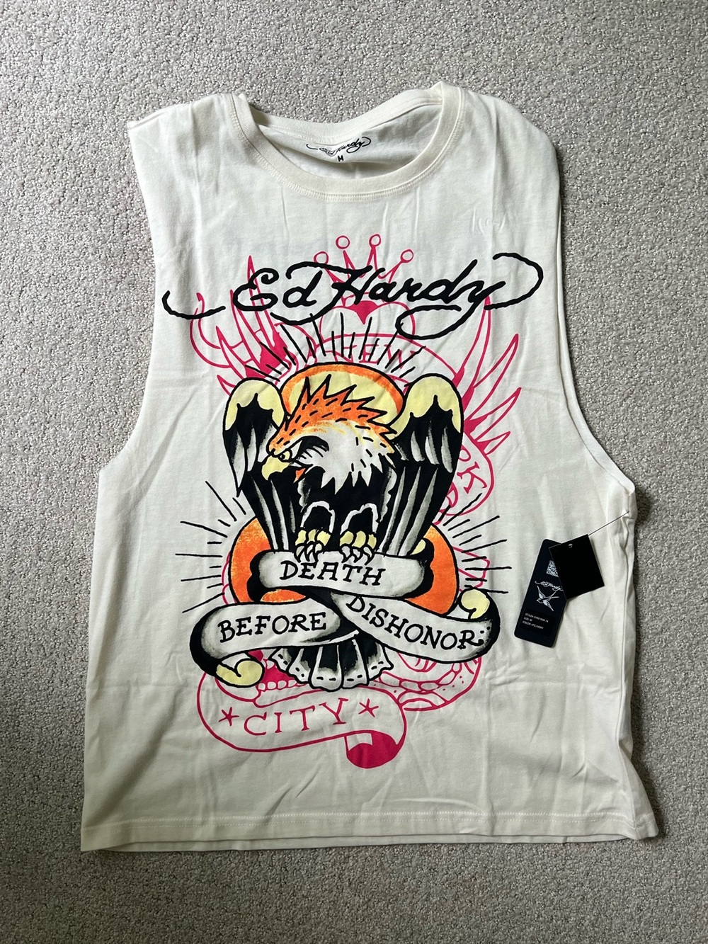 NWT Ed Hardy Mens Ivory Muscle Tee - Eagle "Death Before Dishonor" Sz: M